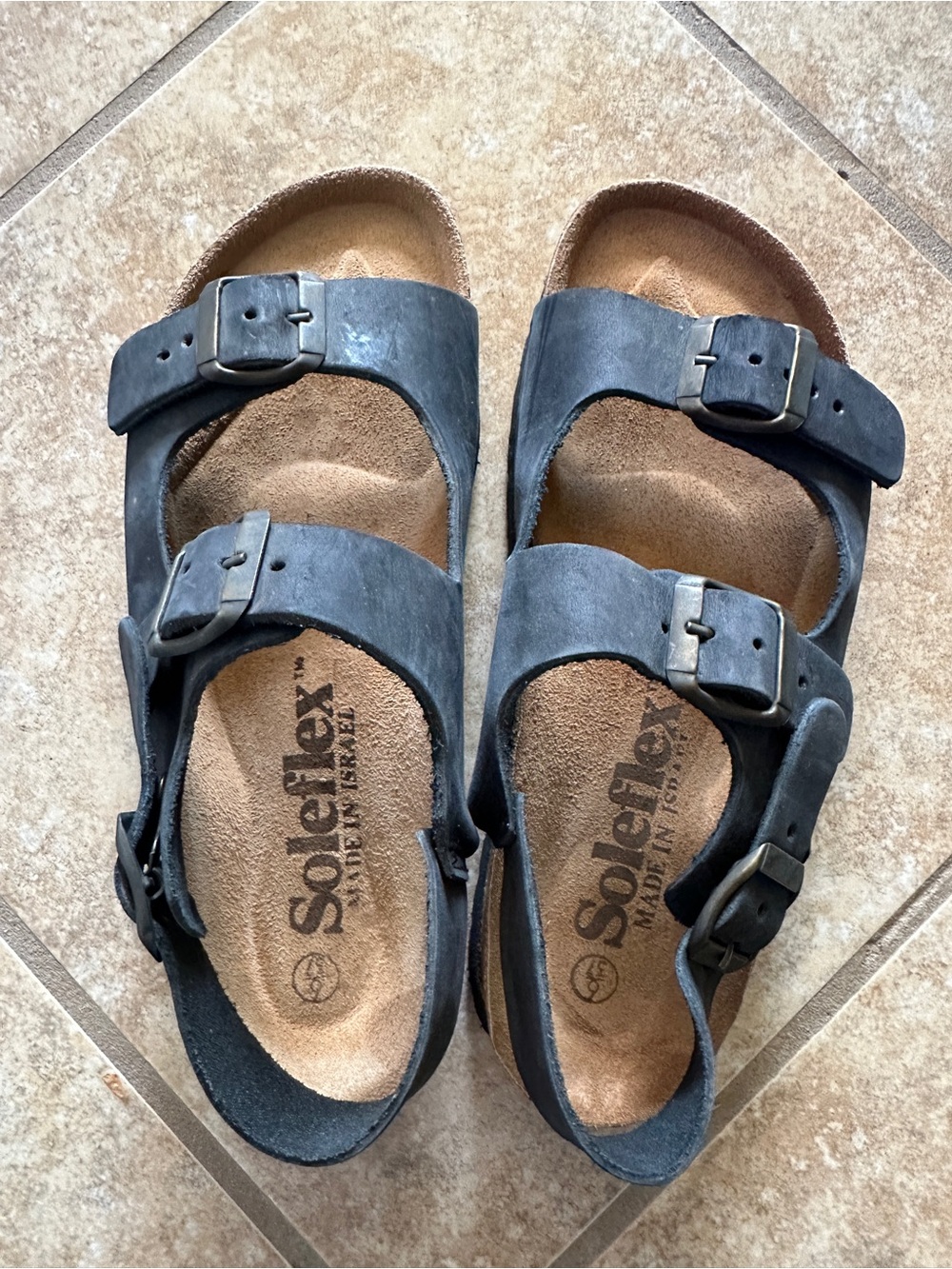 Soleflex Made in Israel Leather Slingback Cork Footbed Sandals Black Size 6/37